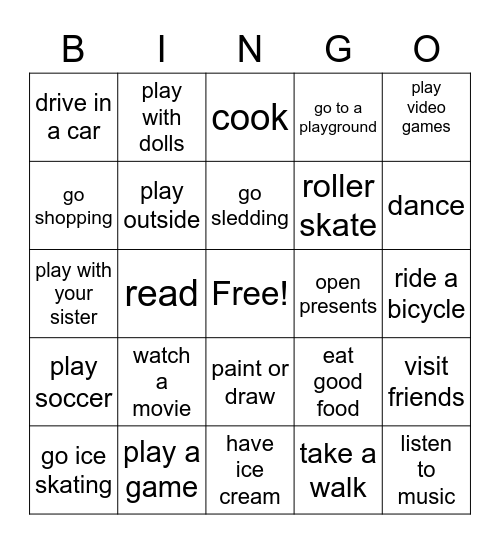 Vacation Activities Bingo Card