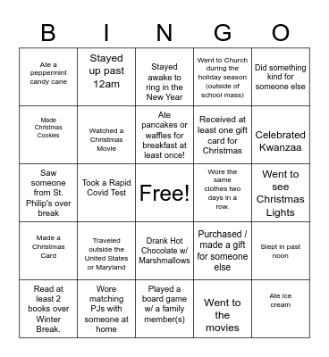 Winter Break Bingo Card