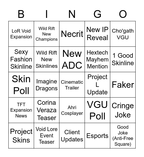 Season 2022 Livestream Bingo Card