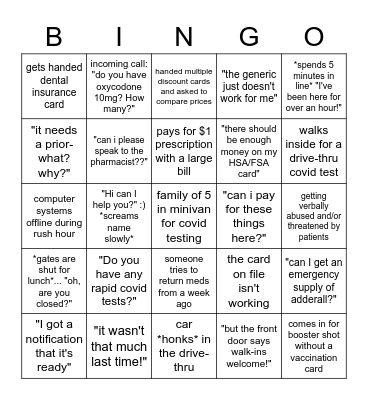 Pharmacy Bingo! Bingo Card