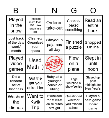 Return from Winter Break Bingo Card