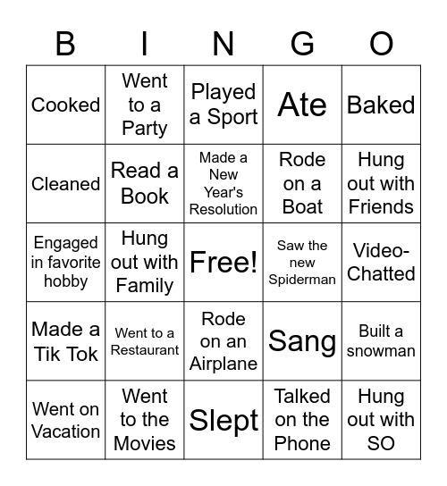 What did you do over break? Bingo Card