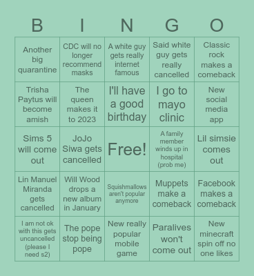 My 2022 Bing Card Bingo Card