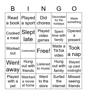 Winter Break Bingo Card