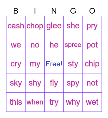 Open/Closed Syllables Bingo Card