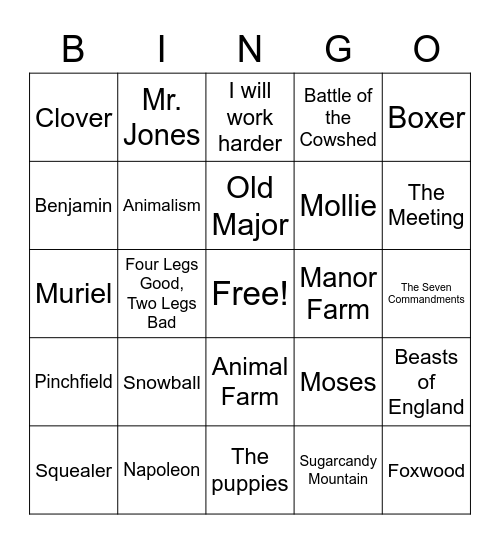 Animal Farm Ch. 1-4 Review Bingo Card