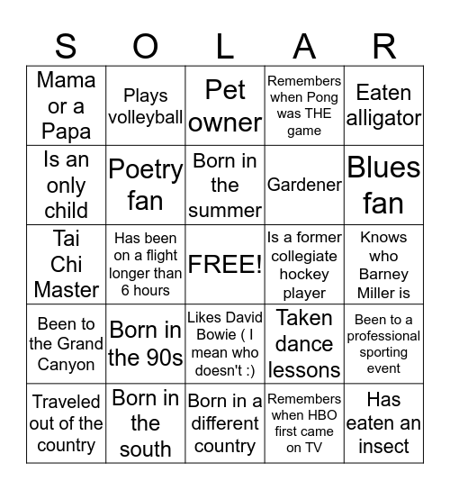 Solar Stik Bingo Card