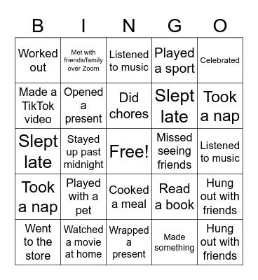 Winter Break Bingo Card