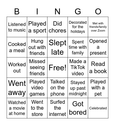 Winter Break Bingo Card