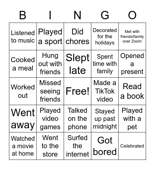 Winter Break Bingo Card