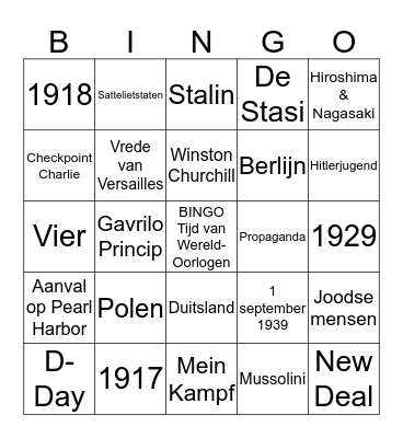 BINGO Tijdvak van Wereldoorlogen Bingo Card