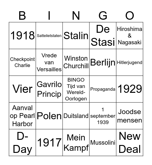 BINGO Tijdvak van Wereldoorlogen Bingo Card