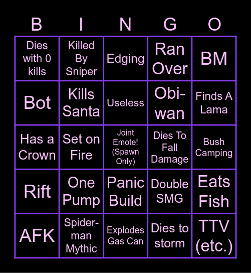 Fortnite Bingo Card