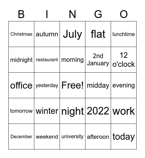 Prepositions of time Bingo Card