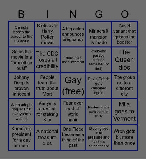 Wren’s 2022 Bingo Card Bingo Card
