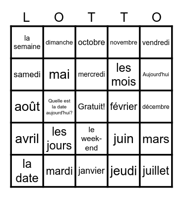 French months & days Bingo Card