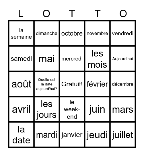 French months & days Bingo Card