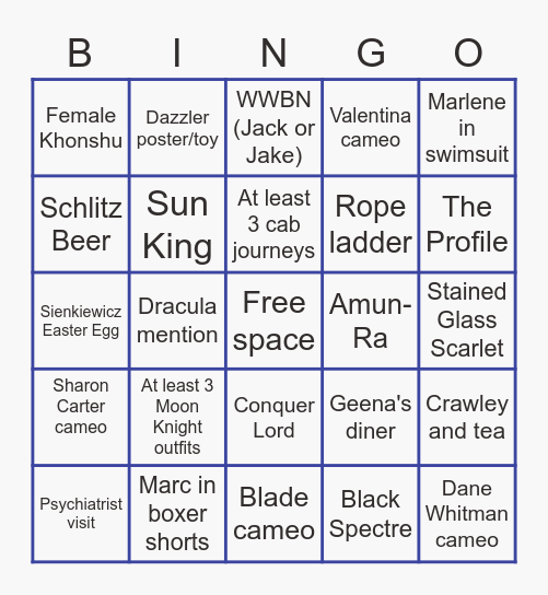 MCU Moon Knight Bingo Card