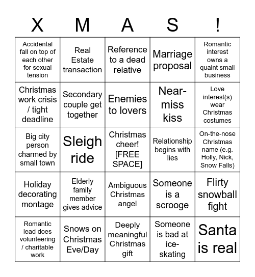 Christmas Rom Com Bingo Card