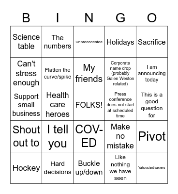 Doug Ford Press Conference Bingo Card
