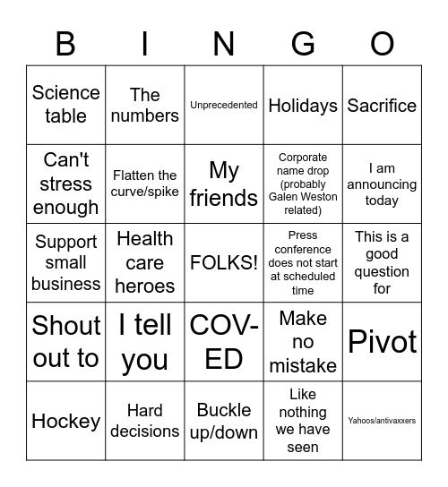 Doug Ford Press Conference Bingo Card