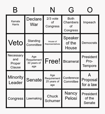 Legislative Branch Bingo Card