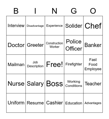 Career Vocabulary Bingo Card