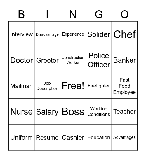 Career Vocabulary Bingo Card