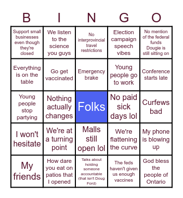 Doug Ford COVID Press Conference :) Bingo Card