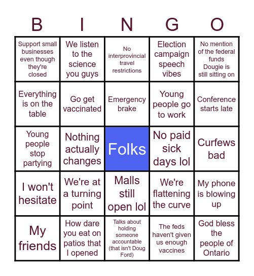 Doug Ford COVID Press Conference :) Bingo Card