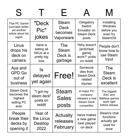 Steam Deck February Bingo Card