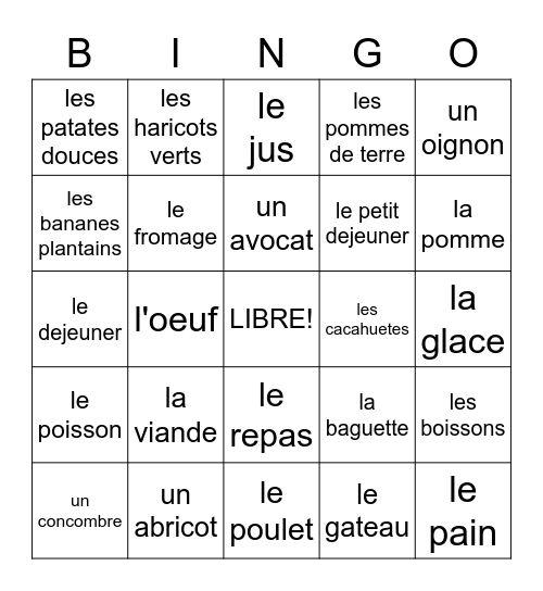 French 1 - Chapter 4 Bingo Card