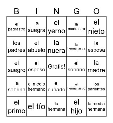 Spanish Family Vocabulary - Senderos 1.3 Bingo Card