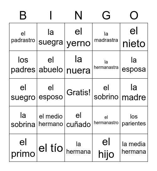 Spanish Family Vocabulary - Senderos 1.3 Bingo Card