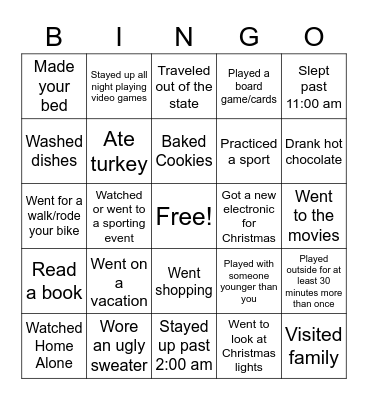 Winter Break Bingo Card