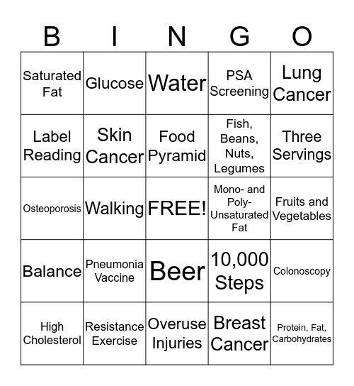 Men's Health Bingo Card