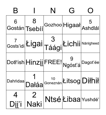 Apache Language Bingo Card