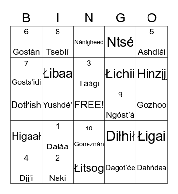 Apache Language Bingo Card