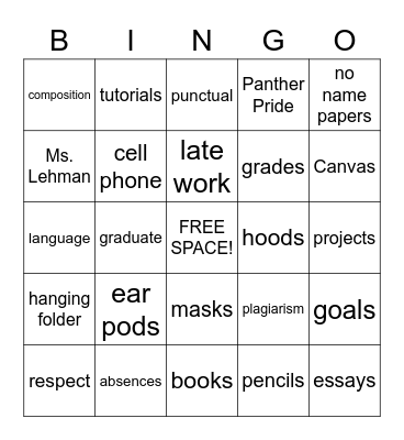 Back to School Bingo Card