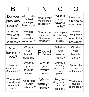 First Day Bingo Card