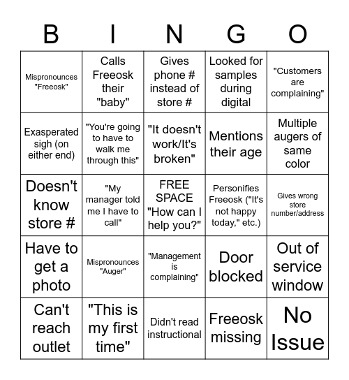 Freeosk Support Bingo Card