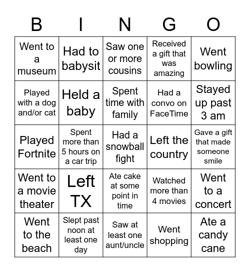 Over winter break...Find someone who.... Bingo Card