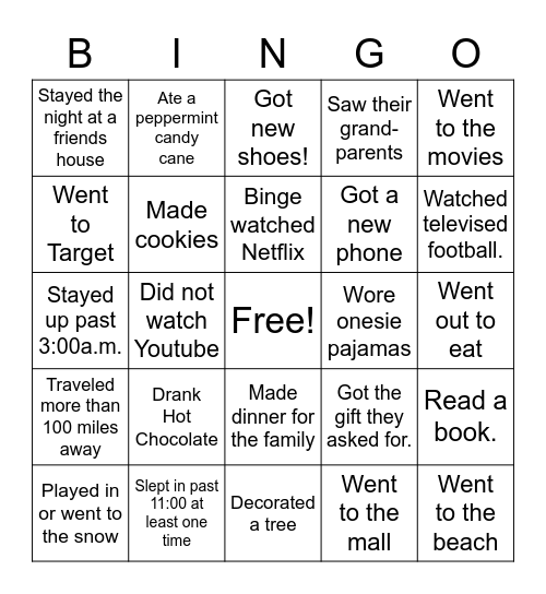 Welcome Back from Winter Break Bingo Card