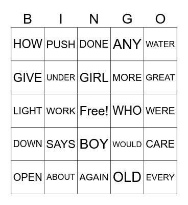 SIGHT WORDS Bingo Card