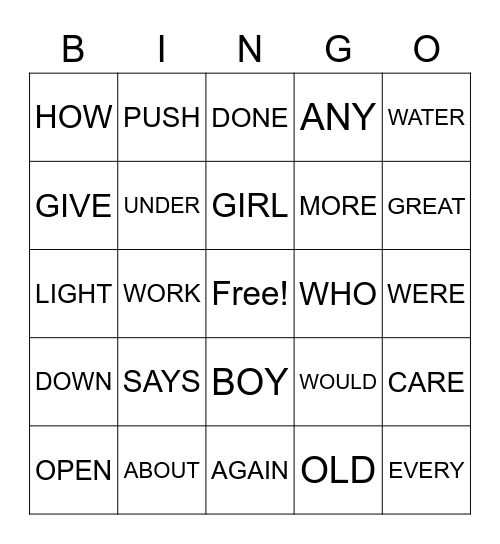 SIGHT WORDS Bingo Card