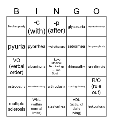 Medical Terminology Bingo Card