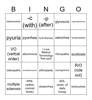 Medical Terminology Bingo Card