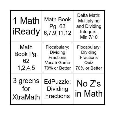 6th Period Math 1/3/22-1/7/22 Bingo Card