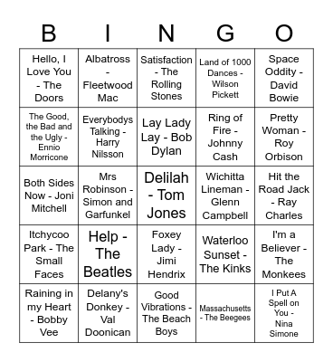 1960s Songs Bingo Card