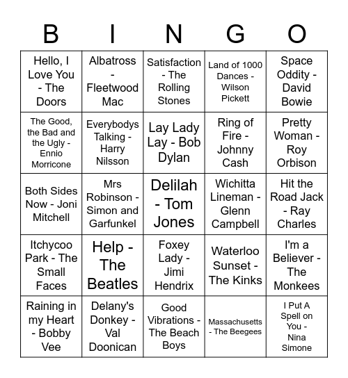 1960s Songs Bingo Card